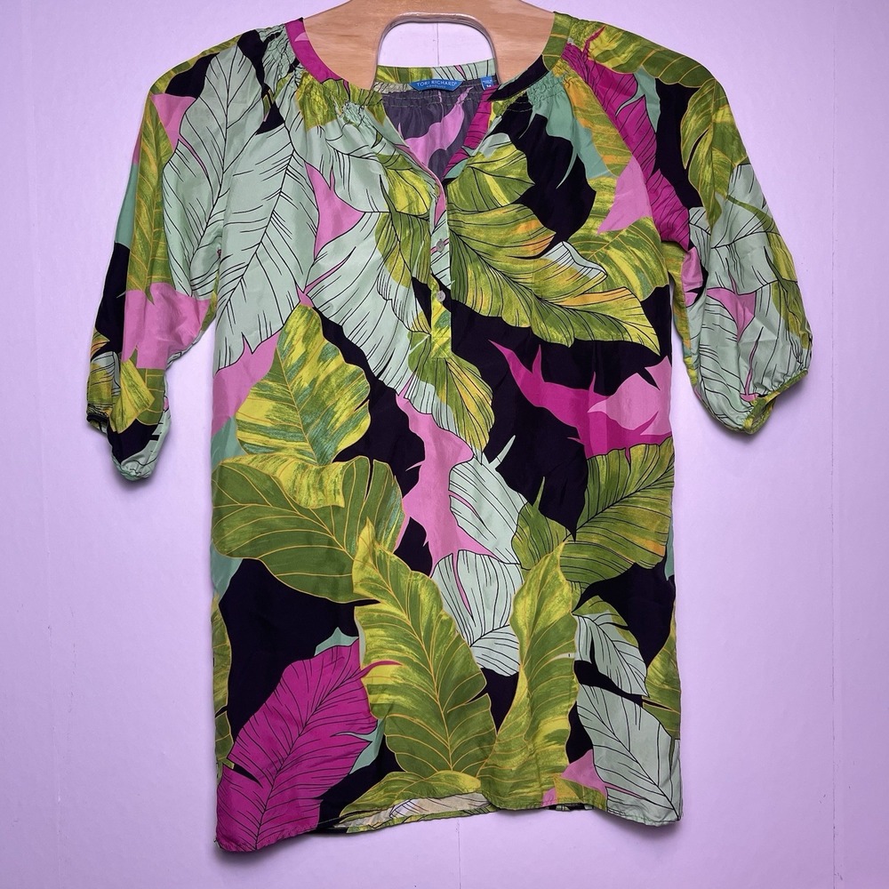 Tori Richard Honolulu Medium Green Pink Black Hawaiian 100% Silk Resort Dress - Picture 2 of 13
